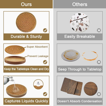 Coasters for Drinks Absorbent, 4.3 inches Woven Coasters for Coffee Tables, Wooden Drink Coasters for Table Protection, Reusable Drink Coasters for Kitchen, Farmhouse, Bar, Office, Brown