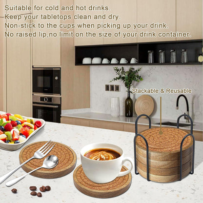 Coasters for Drinks Absorbent, 4.3 inches Woven Coasters for Coffee Tables, Wooden Drink Coasters for Table Protection, Reusable Drink Coasters for Kitchen, Farmhouse, Bar, Office, Brown