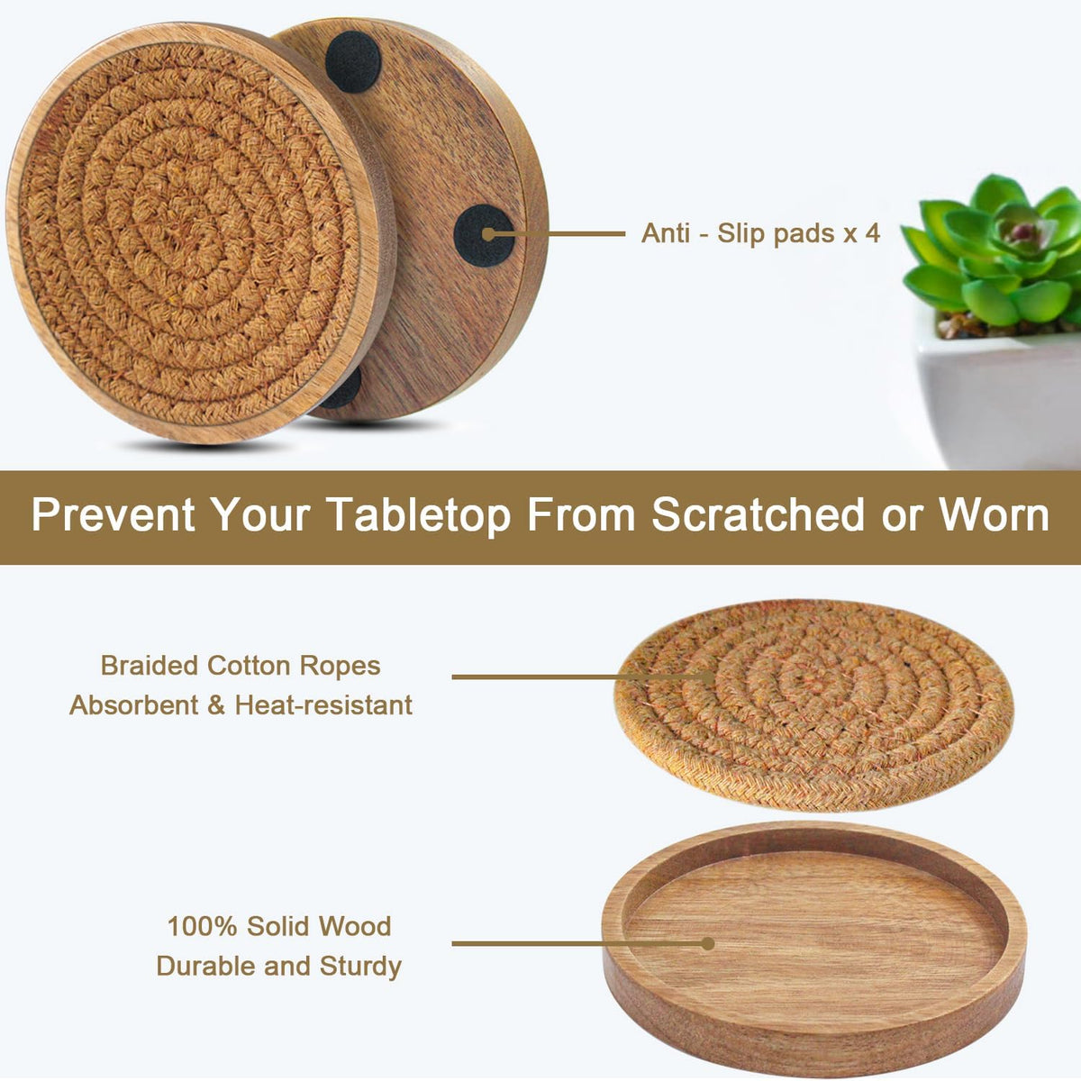 Coasters for Drinks Absorbent, 4.3 inches Woven Coasters for Coffee Tables, Wooden Drink Coasters for Table Protection, Reusable Drink Coasters for Kitchen, Farmhouse, Bar, Office, Brown