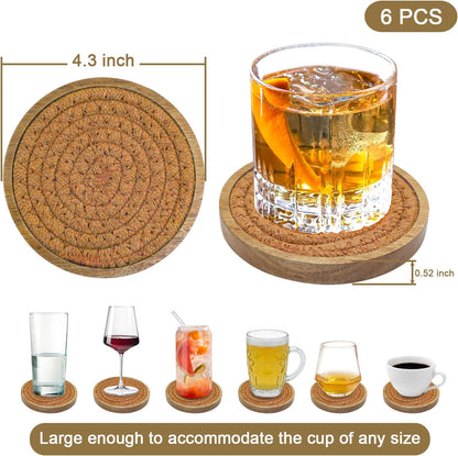Coasters for Drinks Absorbent, 4.3 inches Woven Coasters for Coffee Tables, Wooden Drink Coasters for Table Protection, Reusable Drink Coasters for Kitchen, Farmhouse, Bar, Office, Brown