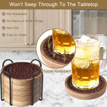 Coasters for Drinks Absorbent, 4.3 inches Woven Coasters for Coffee Tables, Wooden Drink Coasters for Table Protection, Reusable Drink Coasters for Kitchen, Farmhouse, Bar, Office, Brown