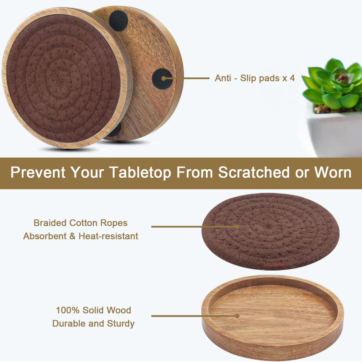 Coasters for Drinks Absorbent, 4.3 inches Woven Coasters for Coffee Tables, Wooden Drink Coasters for Table Protection, Reusable Drink Coasters for Kitchen, Farmhouse, Bar, Office, Brown