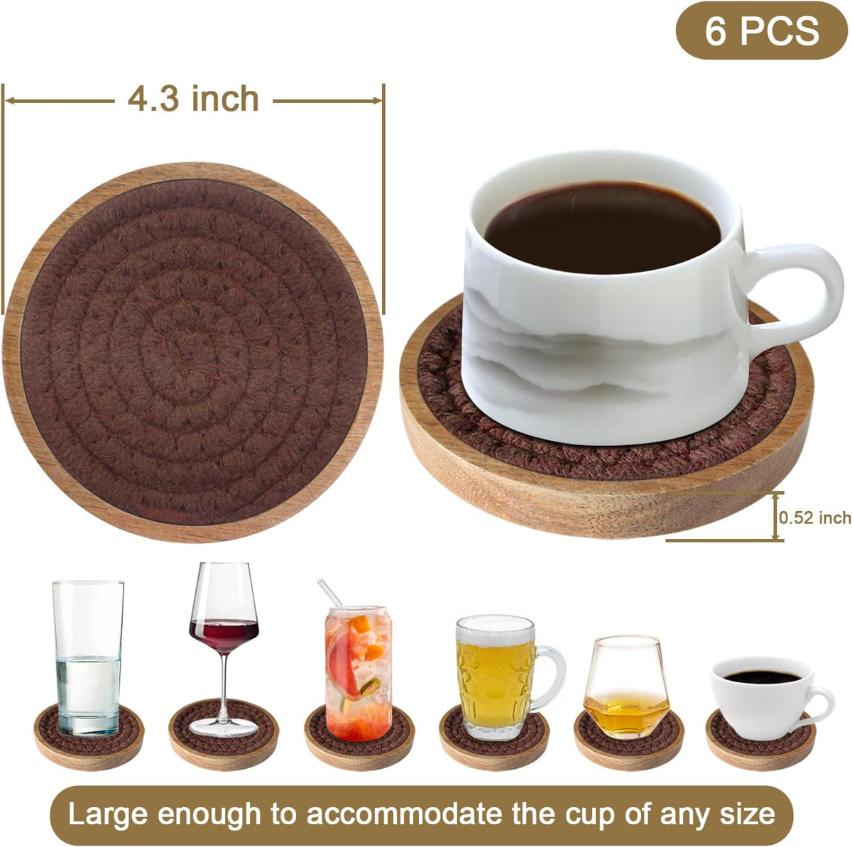 Coasters for Drinks Absorbent, 4.3 inches Woven Coasters for Coffee Tables, Wooden Drink Coasters for Table Protection, Reusable Drink Coasters for Kitchen, Farmhouse, Bar, Office, Brown