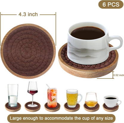Coasters for Drinks Absorbent, 4.3 inches Woven Coasters for Coffee Tables, Wooden Drink Coasters for Table Protection, Reusable Drink Coasters for Kitchen, Farmhouse, Bar, Office, Brown
