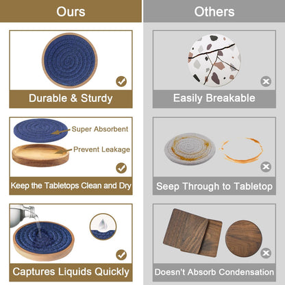 Coasters for Drinks Absorbent, 4.3 inches Woven Coasters for Coffee Tables, Wooden Drink Coasters for Table Protection, Reusable Drink Coasters for Kitchen, Farmhouse, Bar, Office, Brown