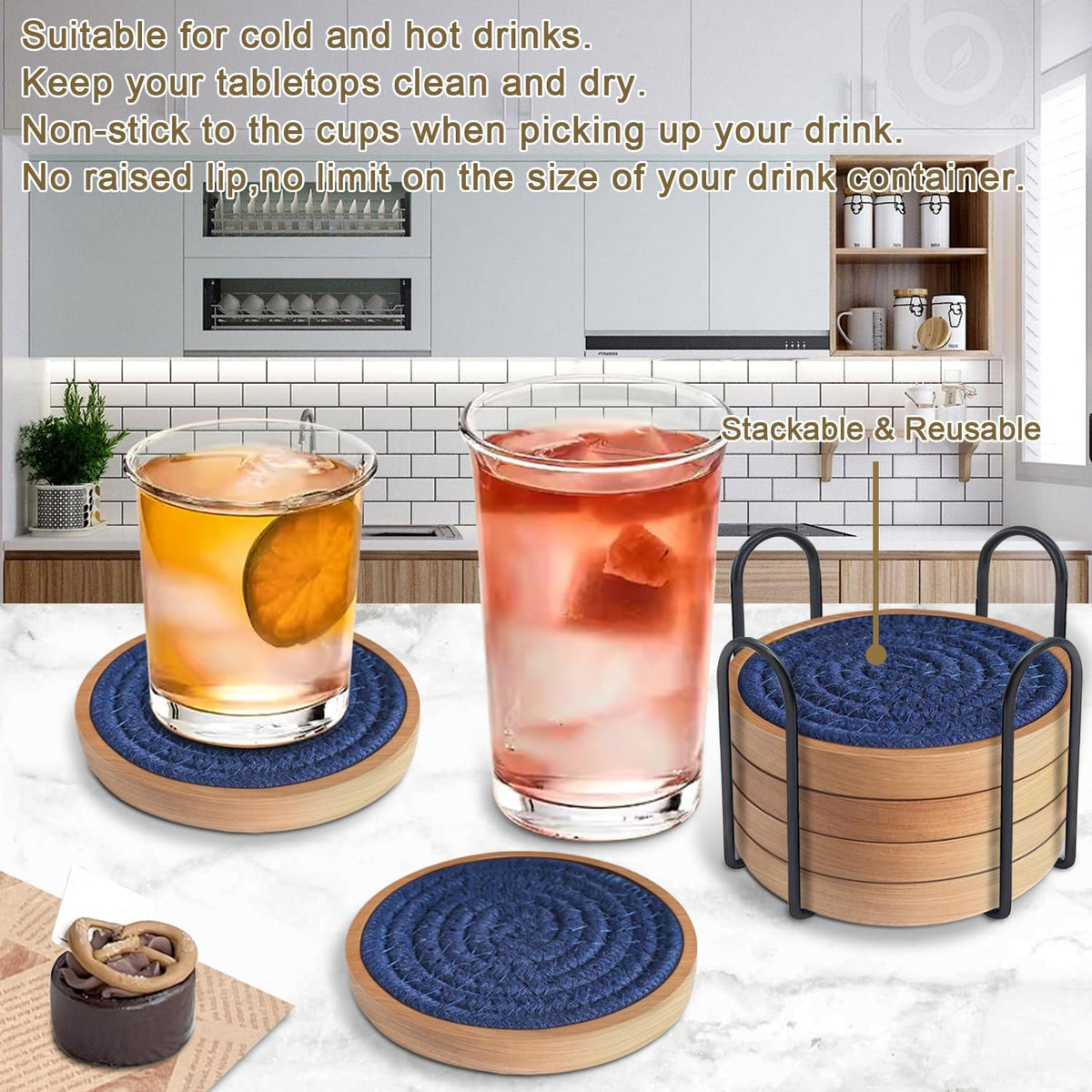 Coasters for Drinks Absorbent, 4.3 inches Woven Coasters for Coffee Tables, Wooden Drink Coasters for Table Protection, Reusable Drink Coasters for Kitchen, Farmhouse, Bar, Office, Brown