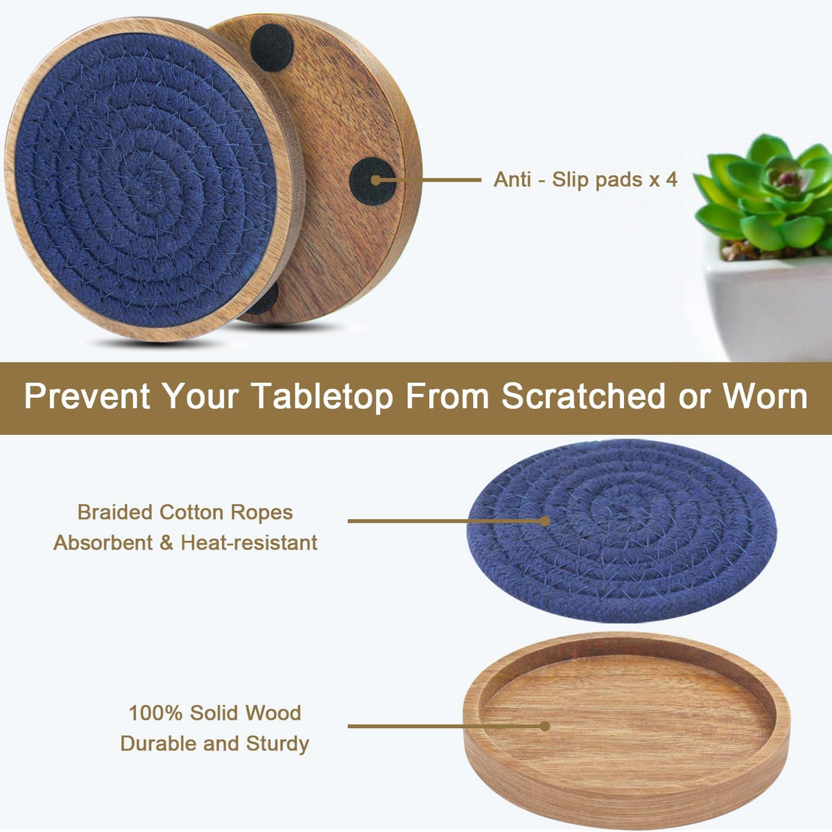 Coasters for Drinks Absorbent, 4.3 inches Woven Coasters for Coffee Tables, Wooden Drink Coasters for Table Protection, Reusable Drink Coasters for Kitchen, Farmhouse, Bar, Office, Brown
