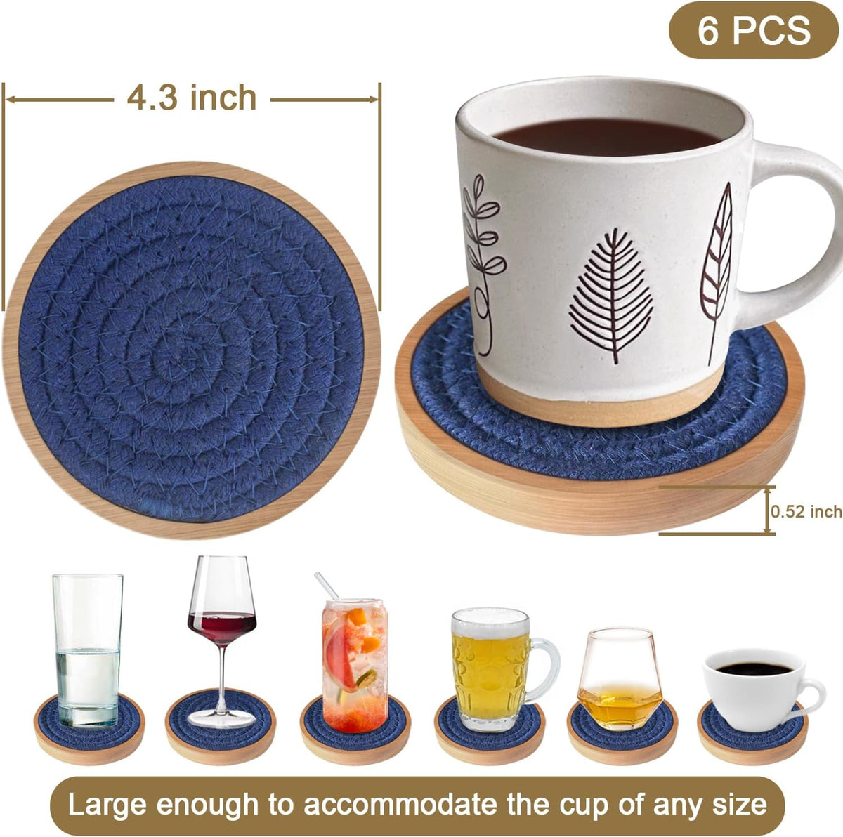 Coasters for Drinks Absorbent, 4.3 inches Woven Coasters for Coffee Tables, Wooden Drink Coasters for Table Protection, Reusable Drink Coasters for Kitchen, Farmhouse, Bar, Office, Brown