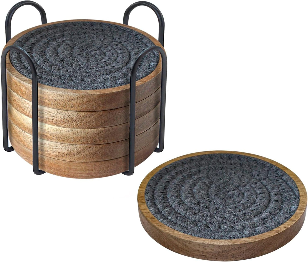 Coasters for Drinks Absorbent, 4.3 inches Woven Coasters for Coffee Tables, Wooden Drink Coasters for Table Protection, Reusable Drink Coasters for Kitchen, Farmhouse, Bar, Office, Brown