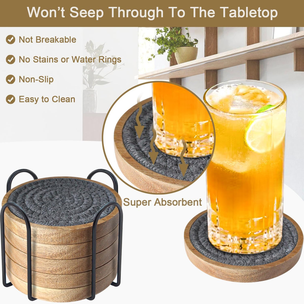 Coasters for Drinks Absorbent, 4.3 inches Woven Coasters for Coffee Tables, Wooden Drink Coasters for Table Protection, Reusable Drink Coasters for Kitchen, Farmhouse, Bar, Office, Brown