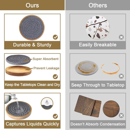Coasters for Drinks Absorbent, 4.3 inches Woven Coasters for Coffee Tables, Wooden Drink Coasters for Table Protection, Reusable Drink Coasters for Kitchen, Farmhouse, Bar, Office, Brown