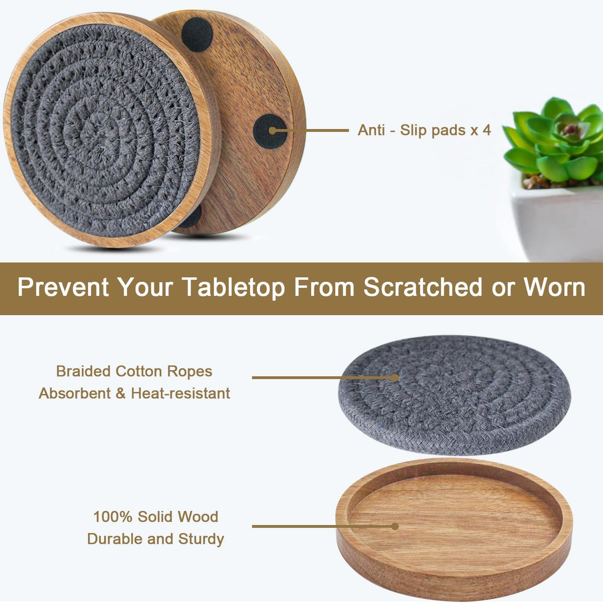 Coasters for Drinks Absorbent, 4.3 inches Woven Coasters for Coffee Tables, Wooden Drink Coasters for Table Protection, Reusable Drink Coasters for Kitchen, Farmhouse, Bar, Office, Brown