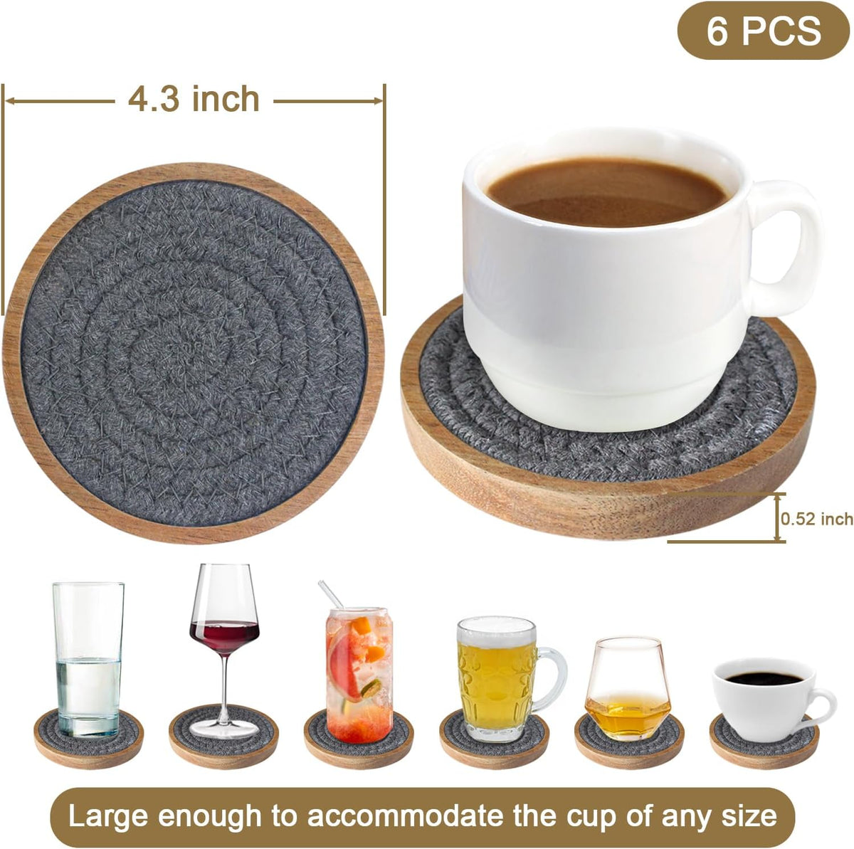 Coasters for Drinks Absorbent, 4.3 inches Woven Coasters for Coffee Tables, Wooden Drink Coasters for Table Protection, Reusable Drink Coasters for Kitchen, Farmhouse, Bar, Office, Brown