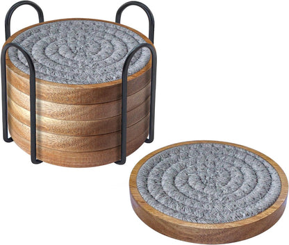 Coasters for Drinks Absorbent, 4.3 inches Woven Coasters for Coffee Tables, Wooden Drink Coasters for Table Protection, Reusable Drink Coasters for Kitchen, Farmhouse, Bar, Office, Brown