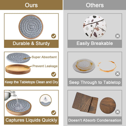Coasters for Drinks Absorbent, 4.3 inches Woven Coasters for Coffee Tables, Wooden Drink Coasters for Table Protection, Reusable Drink Coasters for Kitchen, Farmhouse, Bar, Office, Brown