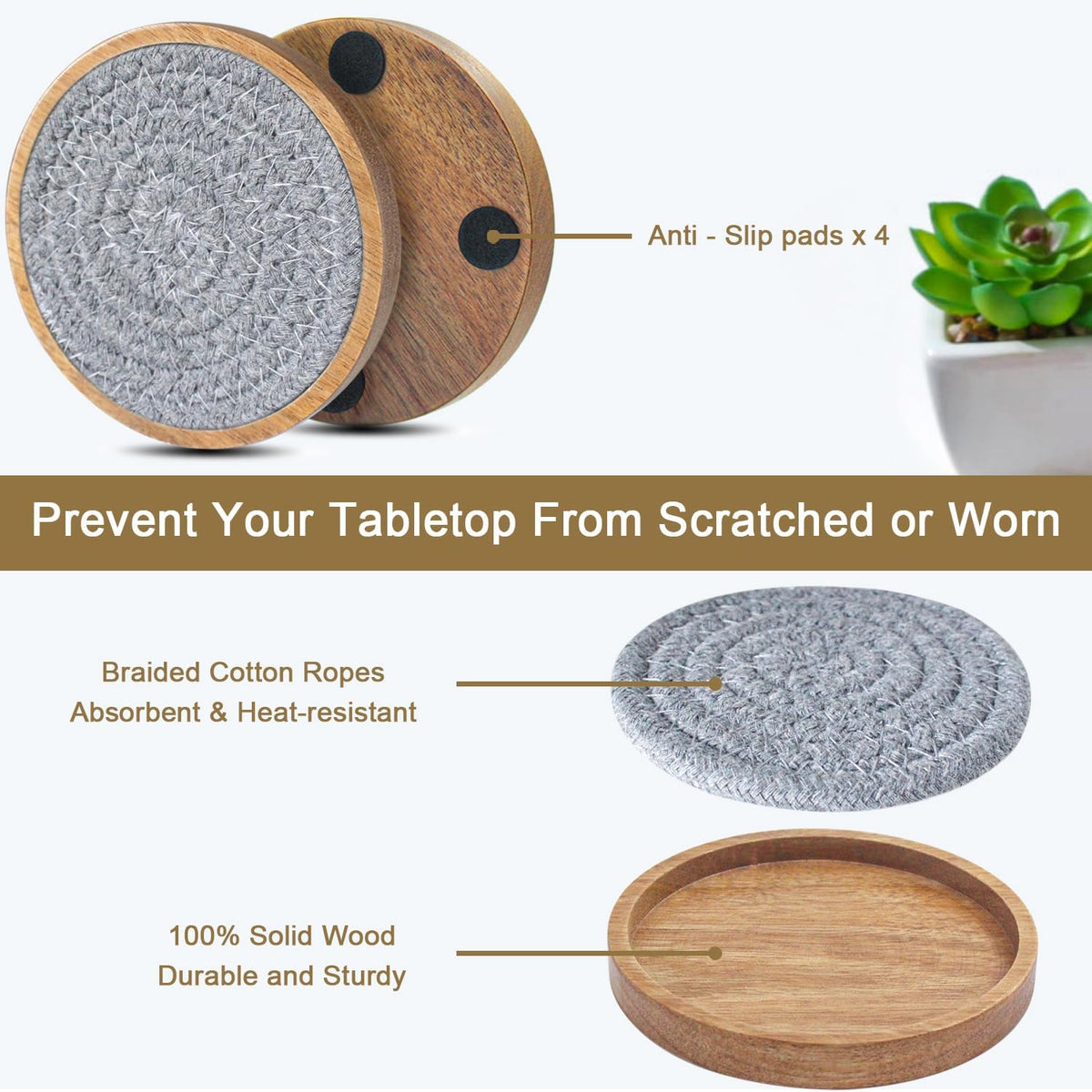 Coasters for Drinks Absorbent, 4.3 inches Woven Coasters for Coffee Tables, Wooden Drink Coasters for Table Protection, Reusable Drink Coasters for Kitchen, Farmhouse, Bar, Office, Brown