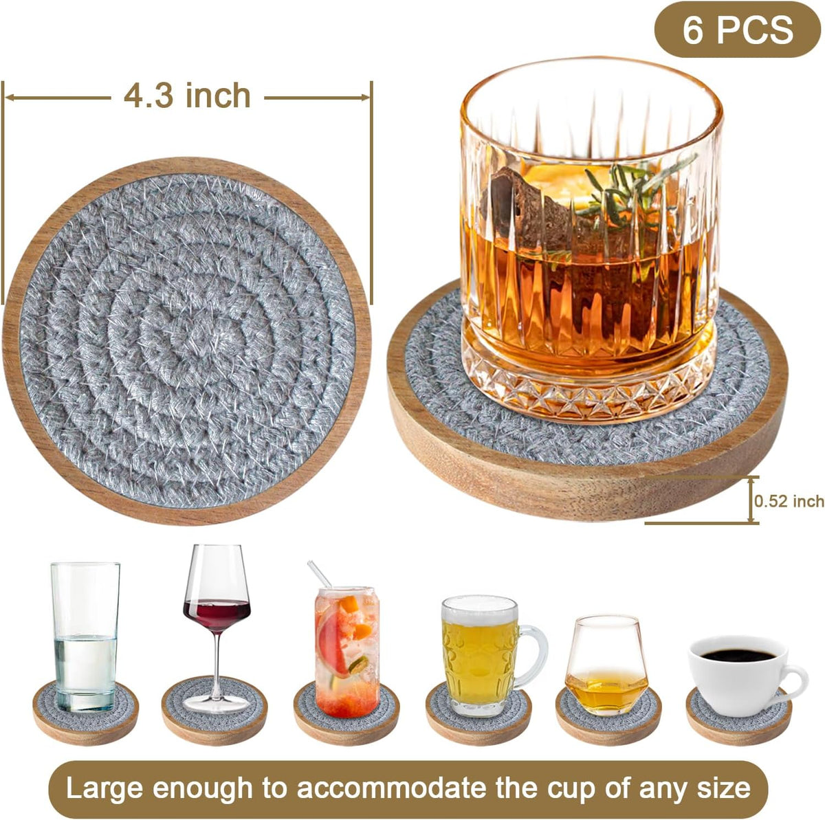 Coasters for Drinks Absorbent, 4.3 inches Woven Coasters for Coffee Tables, Wooden Drink Coasters for Table Protection, Reusable Drink Coasters for Kitchen, Farmhouse, Bar, Office, Brown