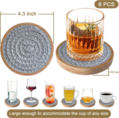 Coasters for Drinks Absorbent, 4.3 inches Woven Coasters for Coffee Tables, Wooden Drink Coasters for Table Protection, Reusable Drink Coasters for Kitchen, Farmhouse, Bar, Office, Brown