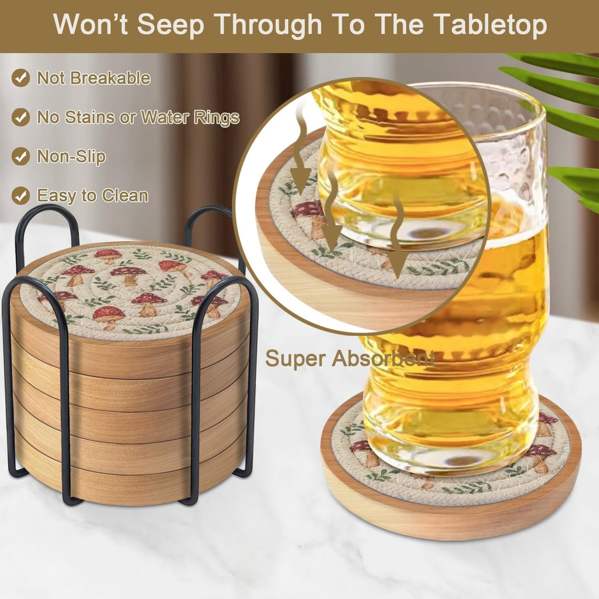 Coasters for Drinks Absorbent, 4.3 inches Woven Coasters for Coffee Tables, Wooden Drink Coasters for Table Protection, Reusable Drink Coasters for Kitchen, Farmhouse, Bar, Office, Brown