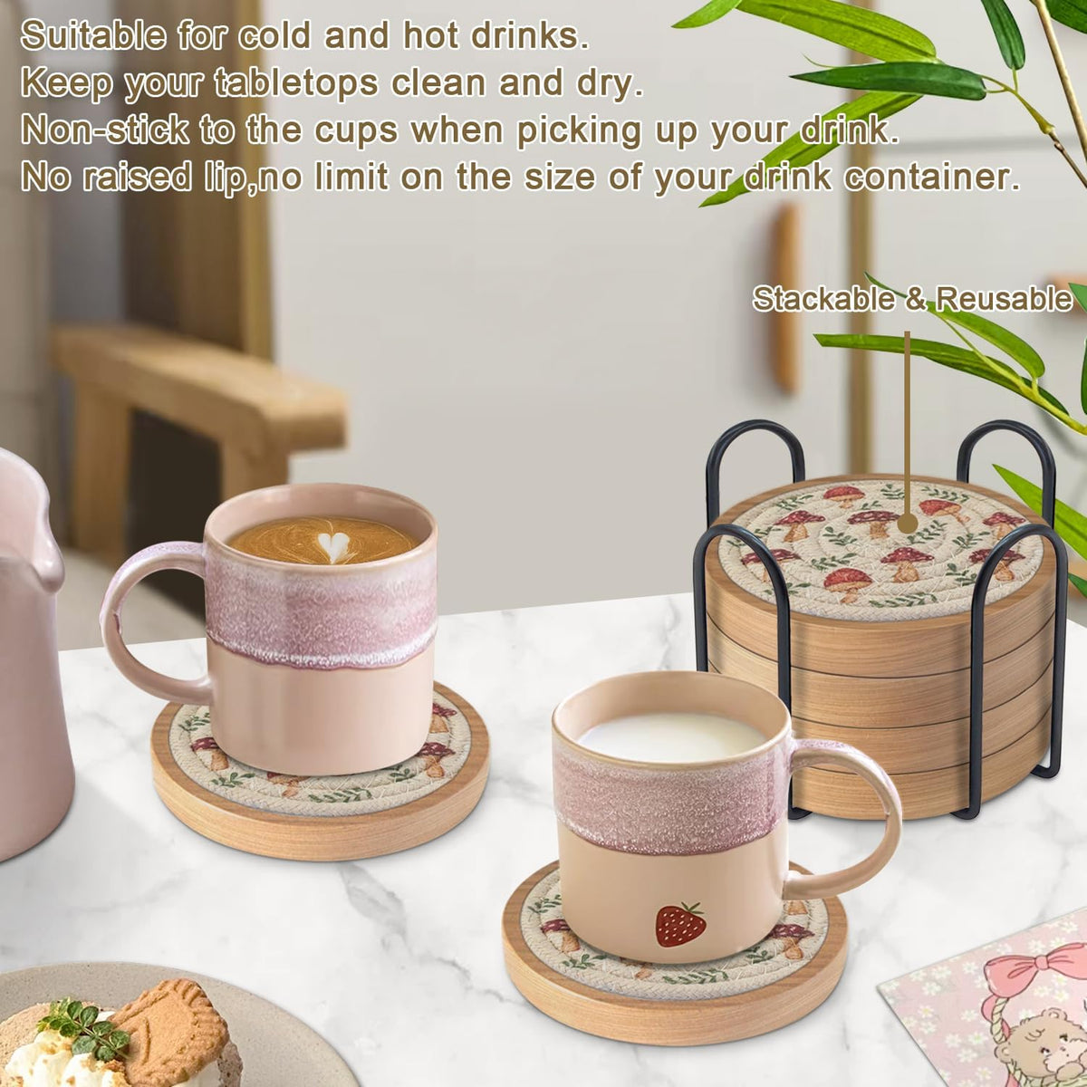 Coasters for Drinks Absorbent, 4.3 inches Woven Coasters for Coffee Tables, Wooden Drink Coasters for Table Protection, Reusable Drink Coasters for Kitchen, Farmhouse, Bar, Office, Brown