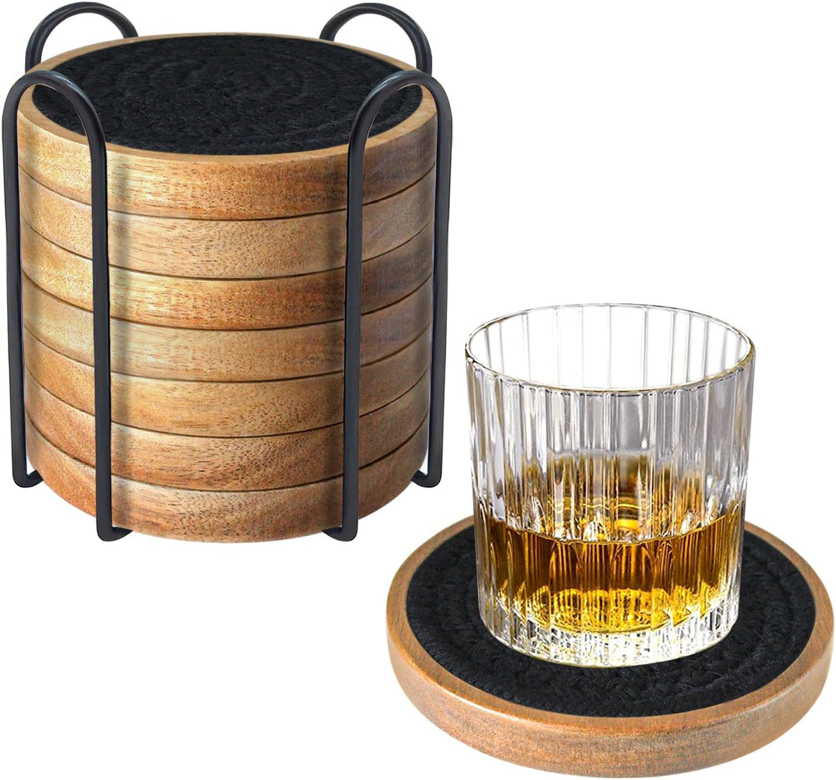 Coasters for Drinks Absorbent, 4.3 inches Woven Coasters for Coffee Tables, Wooden Drink Coasters for Table Protection, Reusable Drink Coasters for Kitchen, Farmhouse, Bar, Office, Brown