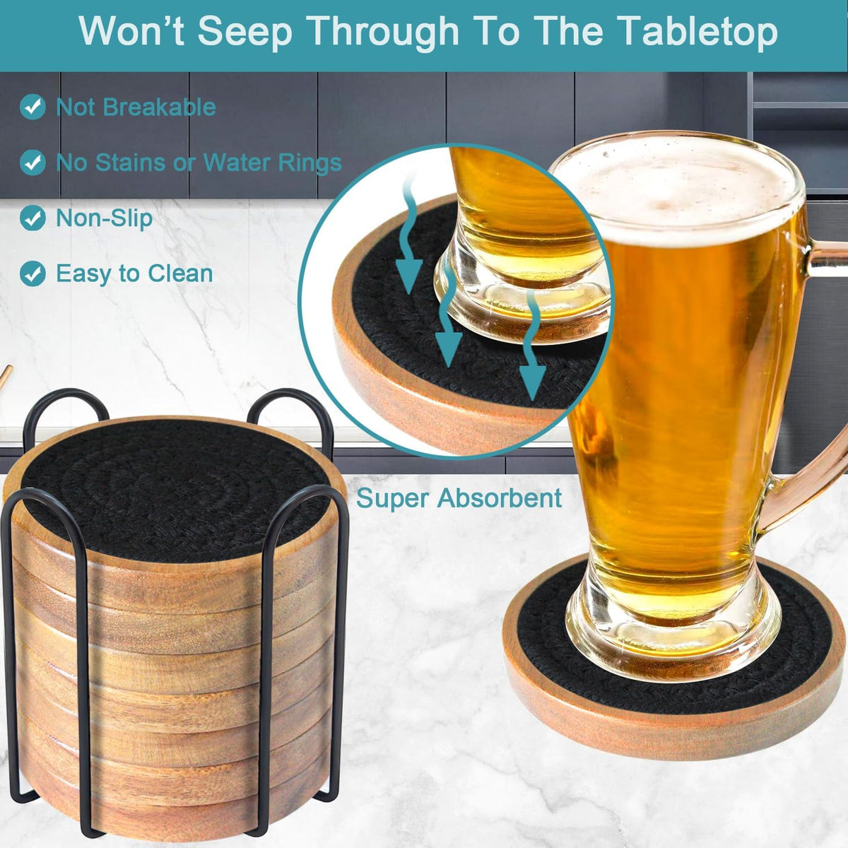 Coasters for Drinks Absorbent, 4.3 inches Woven Coasters for Coffee Tables, Wooden Drink Coasters for Table Protection, Reusable Drink Coasters for Kitchen, Farmhouse, Bar, Office, Brown