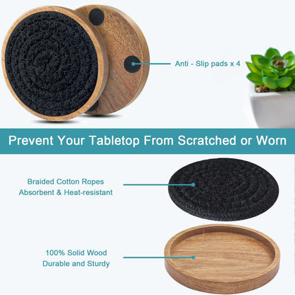 Coasters for Drinks Absorbent, 4.3 inches Woven Coasters for Coffee Tables, Wooden Drink Coasters for Table Protection, Reusable Drink Coasters for Kitchen, Farmhouse, Bar, Office, Brown