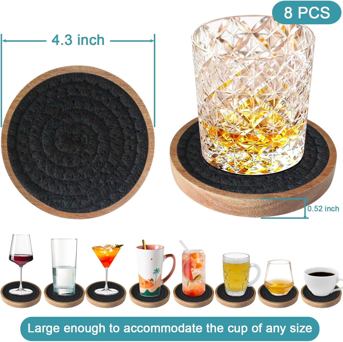 Coasters for Drinks Absorbent, 4.3 inches Woven Coasters for Coffee Tables, Wooden Drink Coasters for Table Protection, Reusable Drink Coasters for Kitchen, Farmhouse, Bar, Office, Brown