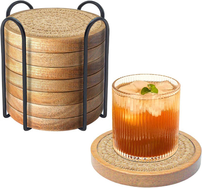 Coasters for Drinks Absorbent, 4.3 inches Woven Coasters for Coffee Tables, Wooden Drink Coasters for Table Protection, Reusable Drink Coasters for Kitchen, Farmhouse, Bar, Office, Brown