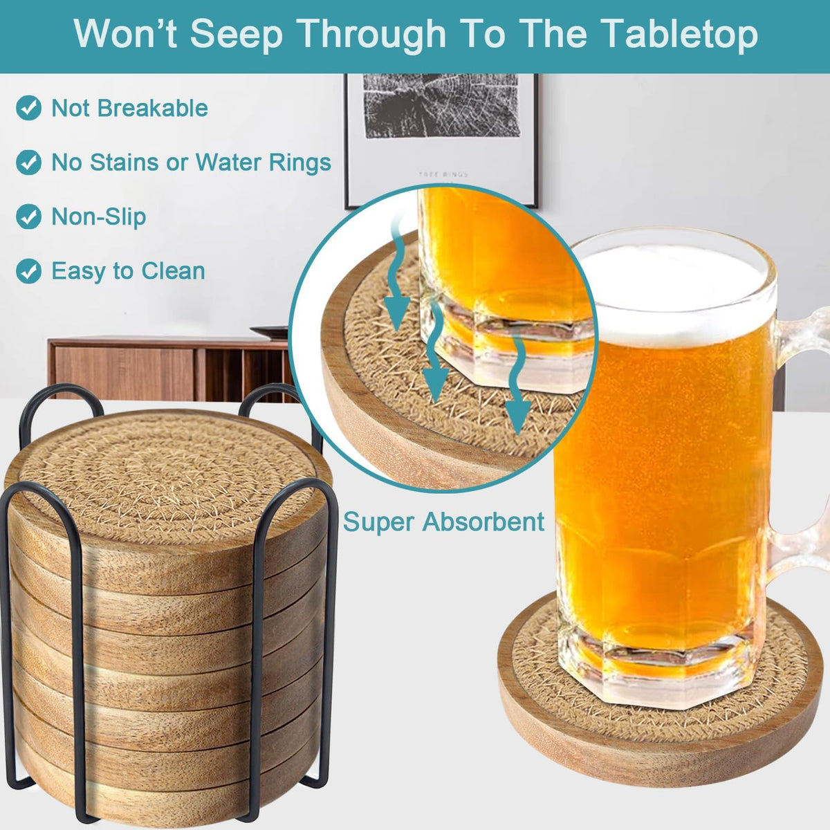 Coasters for Drinks Absorbent, 4.3 inches Woven Coasters for Coffee Tables, Wooden Drink Coasters for Table Protection, Reusable Drink Coasters for Kitchen, Farmhouse, Bar, Office, Brown