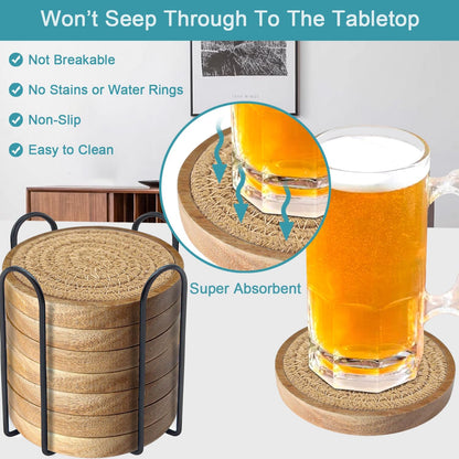 Coasters for Drinks Absorbent, 4.3 inches Woven Coasters for Coffee Tables, Wooden Drink Coasters for Table Protection, Reusable Drink Coasters for Kitchen, Farmhouse, Bar, Office, Brown