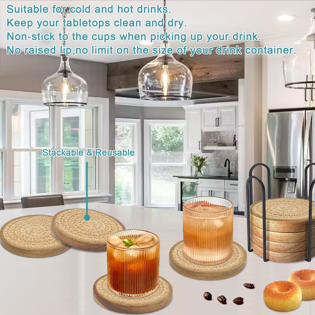 Coasters for Drinks Absorbent, 4.3 inches Woven Coasters for Coffee Tables, Wooden Drink Coasters for Table Protection, Reusable Drink Coasters for Kitchen, Farmhouse, Bar, Office, Brown