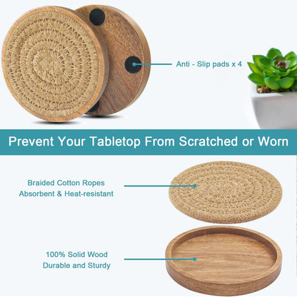 Coasters for Drinks Absorbent, 4.3 inches Woven Coasters for Coffee Tables, Wooden Drink Coasters for Table Protection, Reusable Drink Coasters for Kitchen, Farmhouse, Bar, Office, Brown