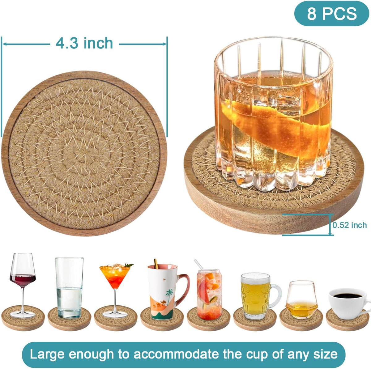 Coasters for Drinks Absorbent, 4.3 inches Woven Coasters for Coffee Tables, Wooden Drink Coasters for Table Protection, Reusable Drink Coasters for Kitchen, Farmhouse, Bar, Office, Brown