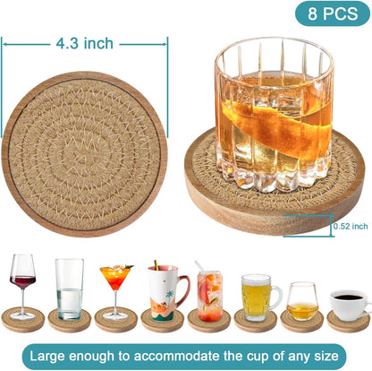 Coasters for Drinks Absorbent, 4.3 inches Woven Coasters for Coffee Tables, Wooden Drink Coasters for Table Protection, Reusable Drink Coasters for Kitchen, Farmhouse, Bar, Office, Brown