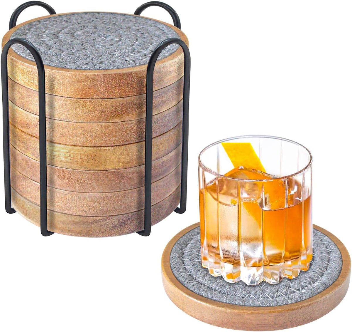 Coasters for Drinks Absorbent, 4.3 inches Woven Coasters for Coffee Tables, Wooden Drink Coasters for Table Protection, Reusable Drink Coasters for Kitchen, Farmhouse, Bar, Office, Brown