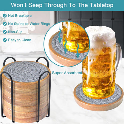 Coasters for Drinks Absorbent, 4.3 inches Woven Coasters for Coffee Tables, Wooden Drink Coasters for Table Protection, Reusable Drink Coasters for Kitchen, Farmhouse, Bar, Office, Brown