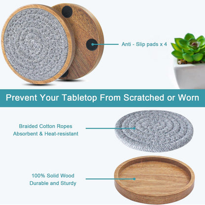 Coasters for Drinks Absorbent, 4.3 inches Woven Coasters for Coffee Tables, Wooden Drink Coasters for Table Protection, Reusable Drink Coasters for Kitchen, Farmhouse, Bar, Office, Brown