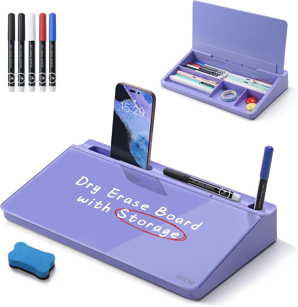 Desktop Glass Whiteboard with Storage, 5 Markers and Eraser, Purple