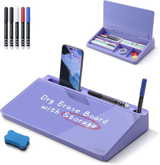 Desktop Glass Whiteboard with Storage, 5 Markers and Eraser, Purple