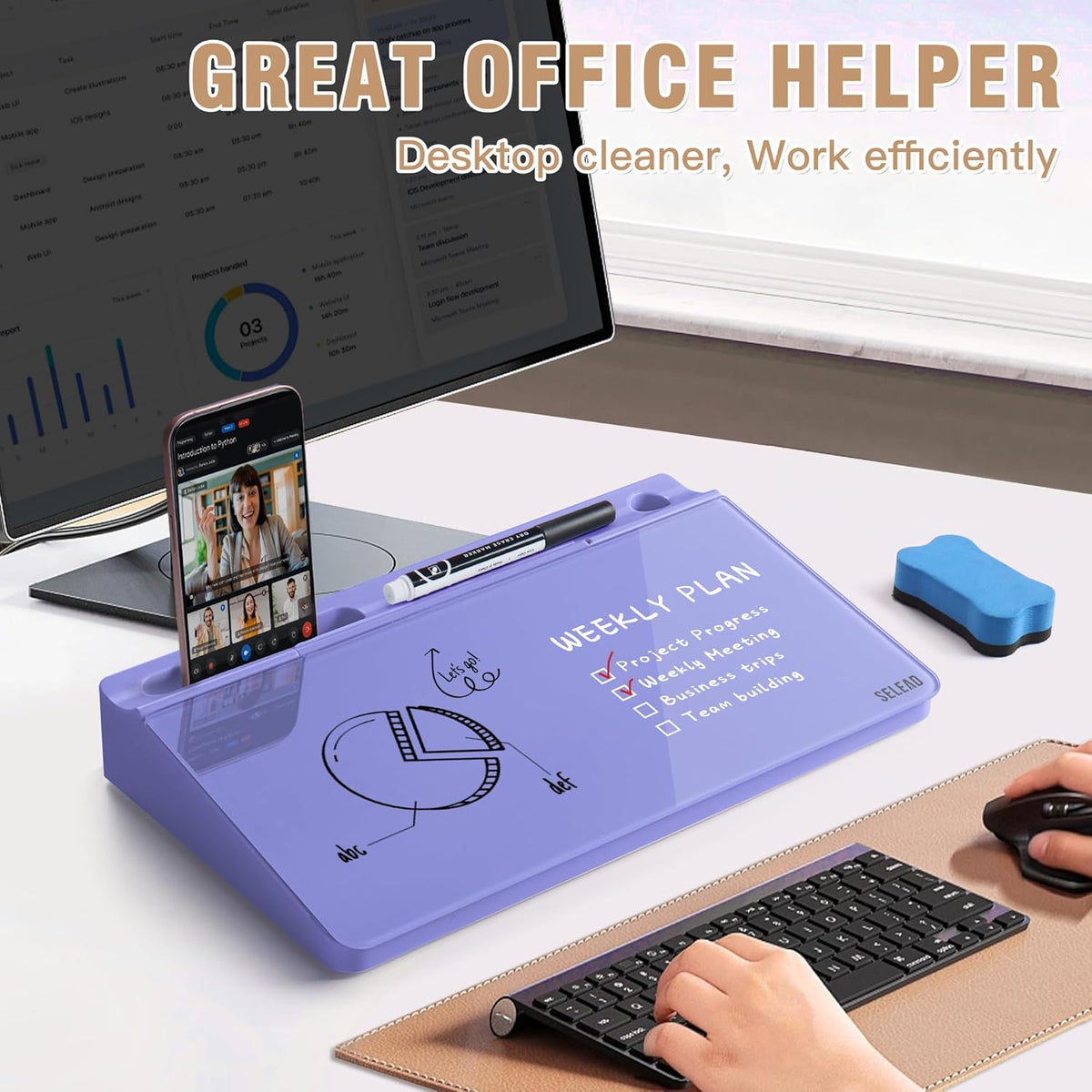 Desktop Glass Whiteboard with Storage, 5 Markers and Eraser, Purple