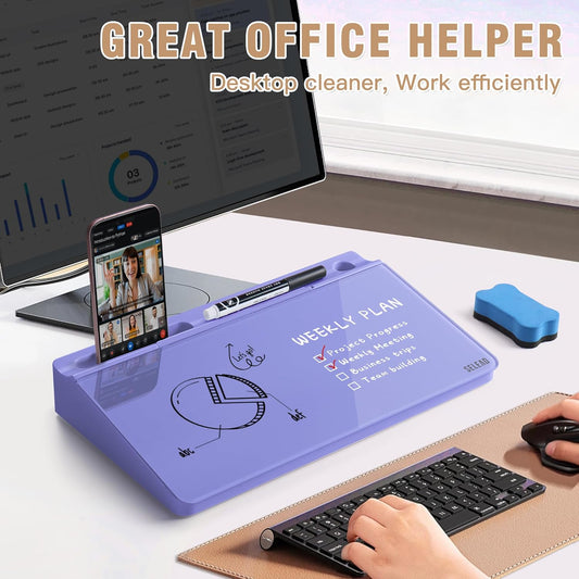 Desktop Glass Whiteboard with Storage, 5 Markers and Eraser, Purple