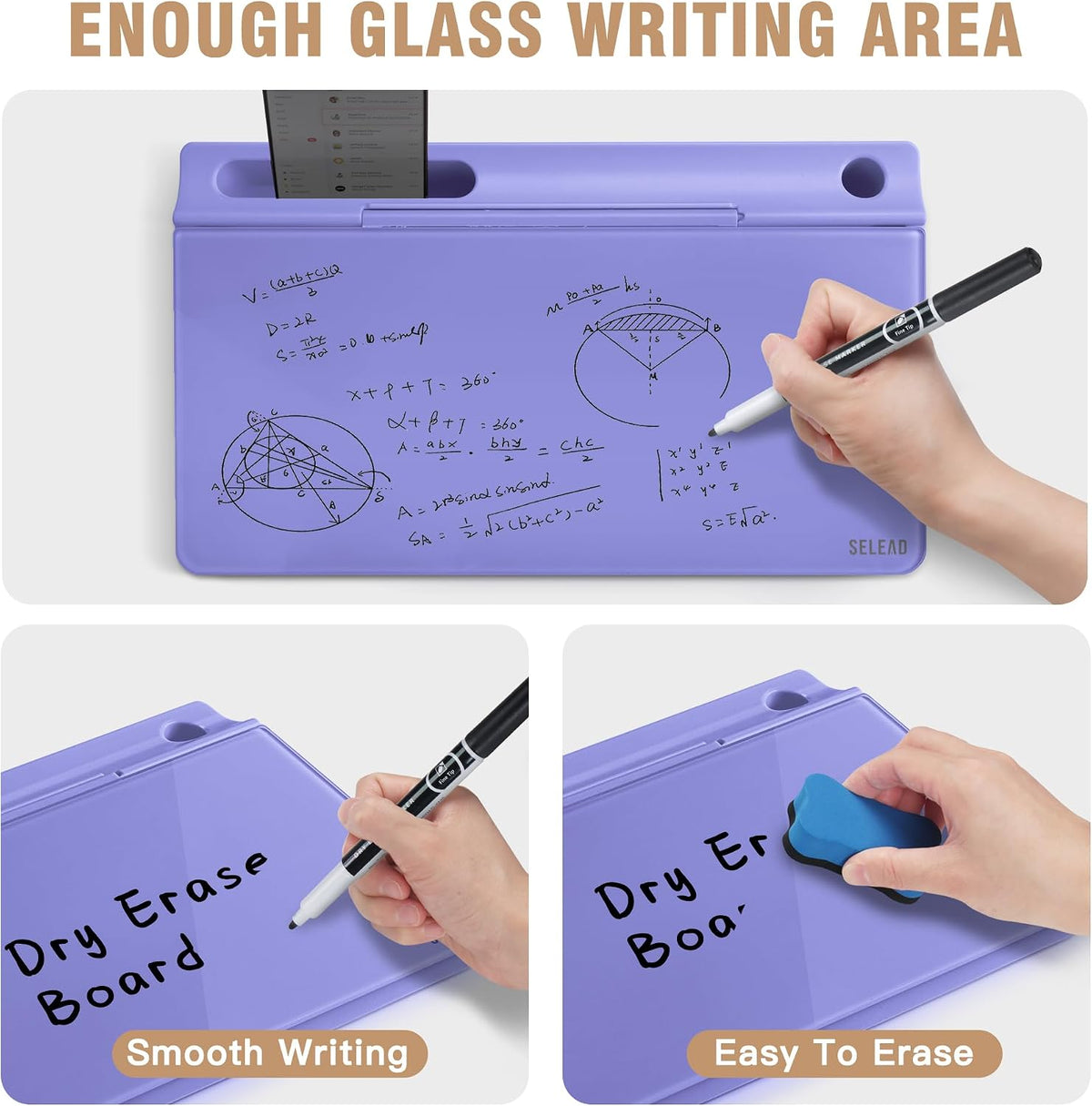 Desktop Glass Whiteboard with Storage, 5 Markers and Eraser, Purple