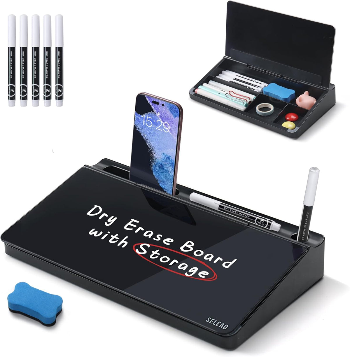 Desktop Glass Whiteboard with Storage, 5 Markers and Eraser, Purple