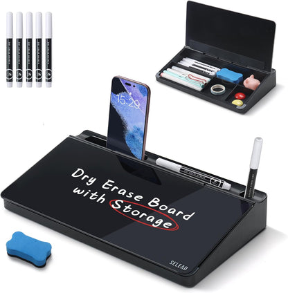 Desktop Glass Whiteboard with Storage, 5 Markers and Eraser, Purple