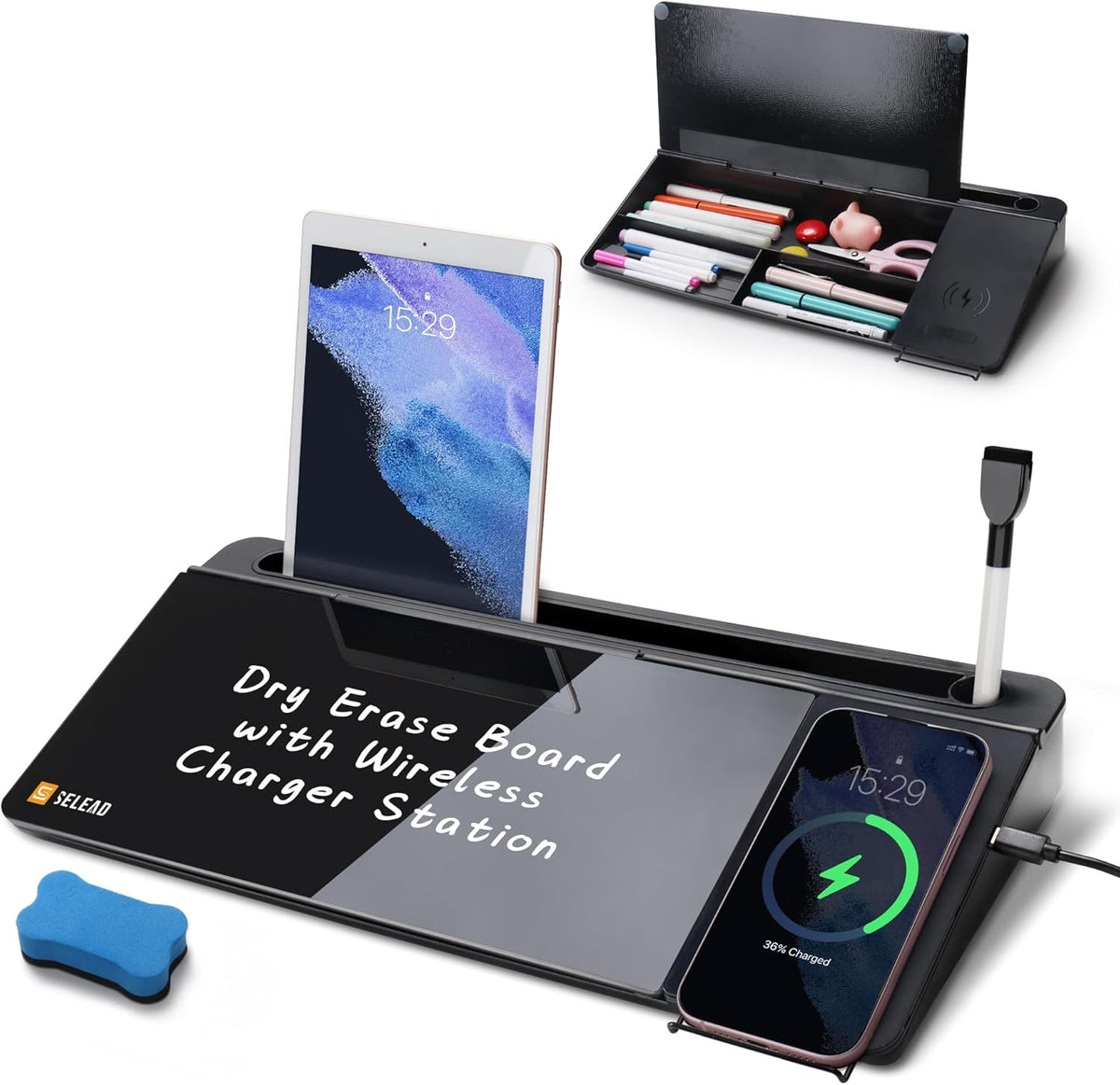 Desktop Glass Whiteboard with Storage, 5 Markers and Eraser, Purple