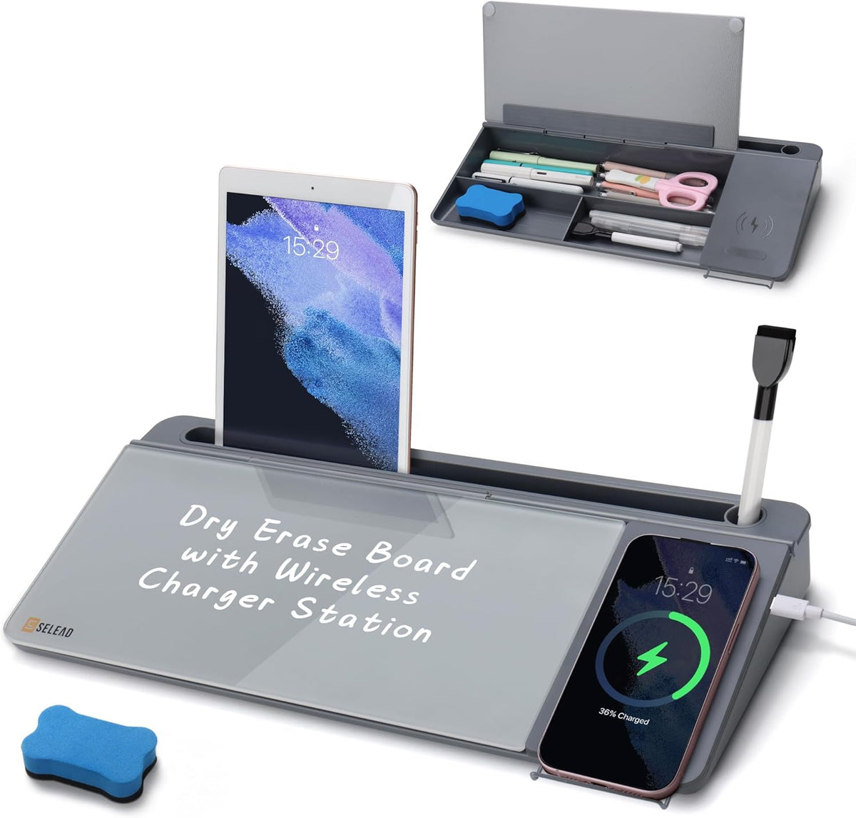 Desktop Glass Whiteboard with Storage, 5 Markers and Eraser, Purple