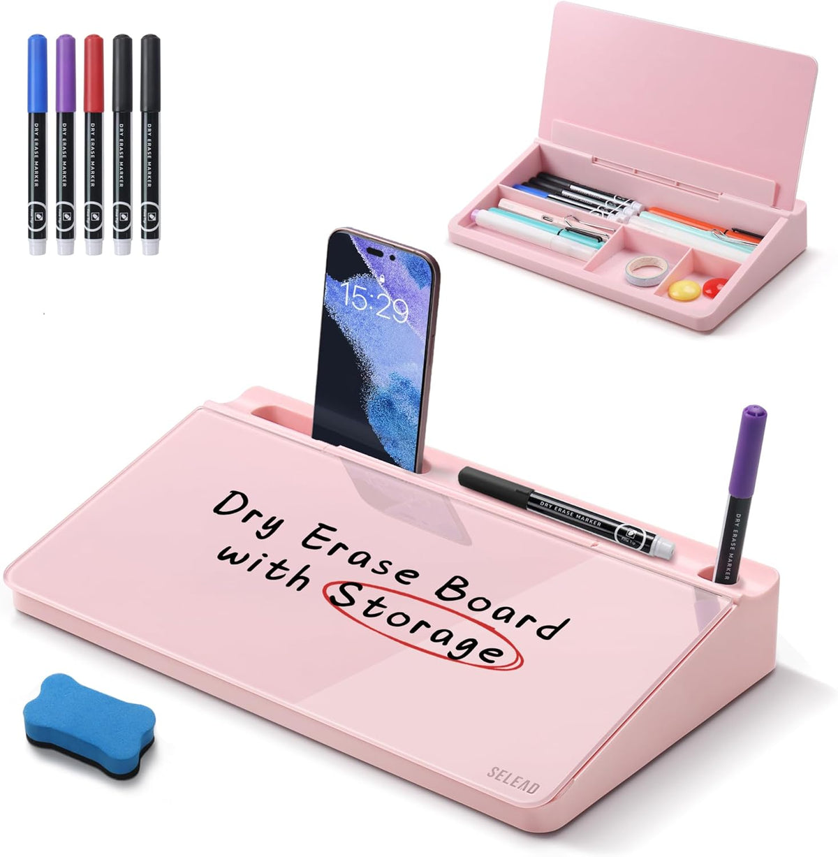 Desktop Glass Whiteboard with Storage, 5 Markers and Eraser, Purple