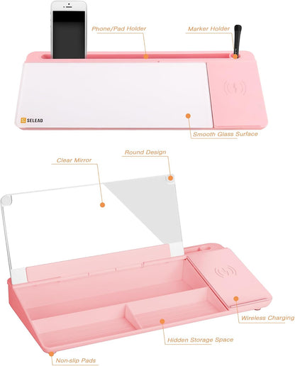 Desktop Glass Whiteboard with Storage, 5 Markers and Eraser, Purple