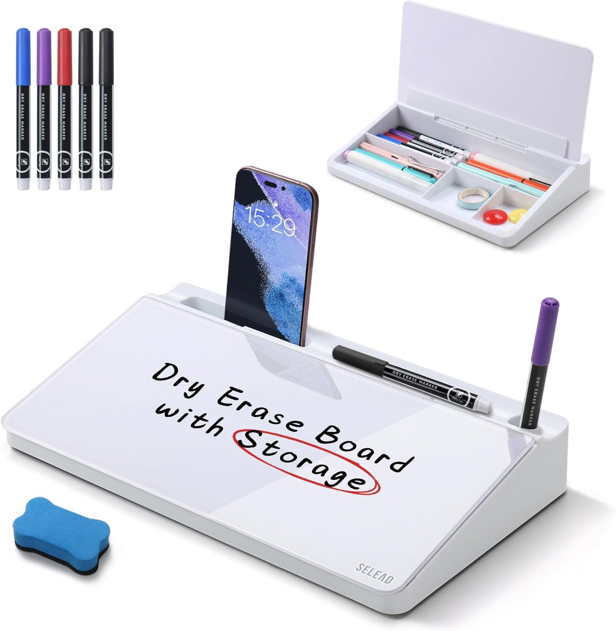Desktop Glass Whiteboard with Storage, 5 Markers and Eraser, Purple